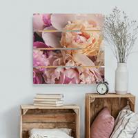 Bilderwelten Holzbild Plankenoptik Blumen - Quadrat BlÃ¼hende Pfingstrosen
