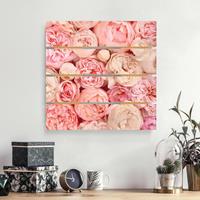 Bilderwelten Holzbild Plankenoptik Blumen - Quadrat Rosen RosÃ© Koralle Shabby