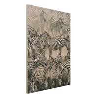 Bilderwelten Holzbild Schwarz-WeiÃŸ - Hochformat 3:4 Zebraherde