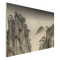 Bilderwelten Holzbild Natur & Landschaft - Querformat 3:2 Felsen im Nebel schwarz-weiÃŸ