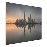 Bilderwelten Holzbild Architektur & Skyline - Querformat 4:3 Shanghai Skyline Morgenstimmung