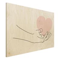 Bilderwelten Holzbild Portrait - Querformat 3:2 Hand mit Herz Line Art