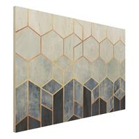 Bilderwelten Holzbild Abstrakt - Querformat 3:2 Goldene Sechsecke Blau WeiÃŸ