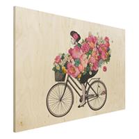 Bilderwelten Holzbild Blumen - Querformat 3:2 Illustration Frau auf Fahrrad Collage bunte Blumen