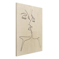 Bilderwelten Holzbild Akt & Erotik - Hochformat 3:4 Line Art Kuss Gesichter Schwarz WeiÃŸ