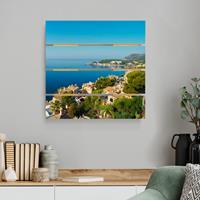 Bilderwelten Holzbild Plankenoptik Blumen - Quadrat Cala Fornells in Mallorca