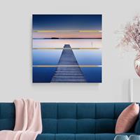 Bilderwelten Holzbild Plankenoptik Natur & Landschaft - Quadrat Flusssteg bei Sonnenuntergang