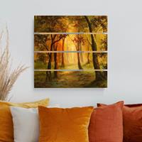 Bilderwelten Holzbild Plankenoptik Natur & Landschaft - Quadrat GemÃlde einer Waldlichtung