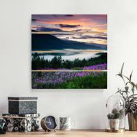 Bilderwelten Holzbild Plankenoptik Natur & Landschaft - Quadrat Paradiesisches Tal in Norwegen