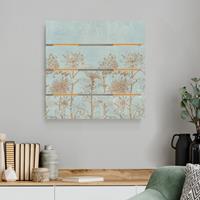 Bilderwelten Holzbild Plankenoptik Blumen - Quadrat Radierung in Blau