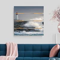 Bilderwelten Holzbild Plankenoptik Natur & Landschaft - Quadrat Sturmwellen am Leuchtturm