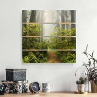 Bilderwelten Holzbild Plankenoptik Natur & Landschaft - Quadrat Nebliger Waldpfad