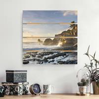 Bilderwelten Holzbild Plankenoptik Blumen - Quadrat Sonnenuntergang im Inselparadies