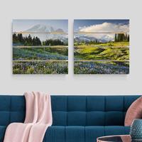 Bilderwelten 2-teiliges Holzbild Plankenoptik Natur & Landschaft - Quadrat Bergwiese mit Blumen vor Mt. Rainier
