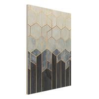 Bilderwelten Holzbild Abstrakt - Hochformat 3:4 Goldene Sechsecke Blau WeiÃŸ