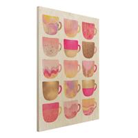 Bilderwelten Holzbild KÃ¼che - Hochformat 3:4 Goldene Tassen mit Pink