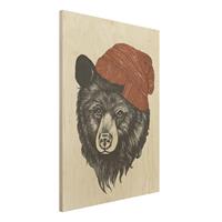 Bilderwelten Holzbild Tiere - Hochformat 3:4 Illustration BÃr mit roter MÃ¼tze Zeichnung