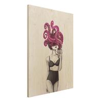 Bilderwelten Holzbild Tiere - Hochformat 3:4 Illustration Frau in UnterwÃsche Schwarz WeiÃŸ Oktopus