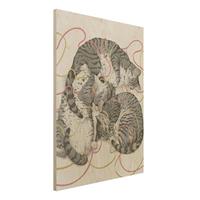 Bilderwelten Holzbild Tiere - Hochformat 3:4 Illustration Graue Katzen Malerei
