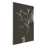 Bilderwelten Holzbild Tiere - Hochformat 3:4 Illustration Hirsch und Hase Schwarz WeiÃŸ Malerei