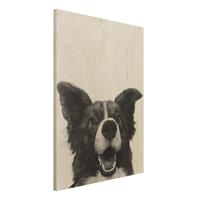 Bilderwelten Holzbild Tiere - Hochformat 3:4 Illustration Hund Border Collie Schwarz WeiÃŸ Malerei