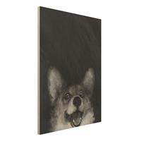 Bilderwelten Holzbild Tiere - Hochformat 3:4 Illustration Hund Corgi Malerei Schwarz WeiÃŸ