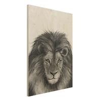 Bilderwelten Holzbild Tiere - Hochformat 3:4 Illustration LÃ¶we Schwarz WeiÃŸ Malerei
