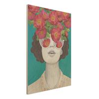 Bilderwelten Holzbild Portrait - Hochformat 3:4 Illustration Portrait Frau Collage mit Blumen Brille