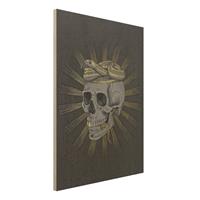 Bilderwelten Holzbild Tiere - Hochformat 3:4 Illustration Totenkopf und Schlange Schwarz Gold