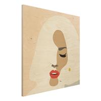 Bilderwelten Holzbild Portrait - Quadrat Line Art Portrait Frau Pastell Beige