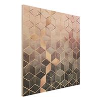 Bilderwelten Holzbild Abstrakt - Quadrat Rosa Grau goldene Geometrie