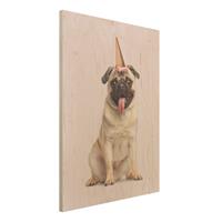 Bilderwelten Holzbild Tiere - Hochformat 3:4 Mops mit Eiswaffel