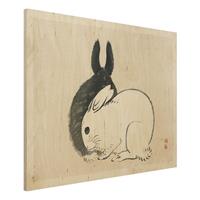 Bilderwelten Holzbild Tiere - Querformat 4:3 Asiatische Vintage Zeichnung Zwei HÃschen