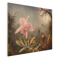 Bilderwelten Holzbild Tiere - Querformat 4:3 Martin Johnson Heade - Orchidee und drei Kolibris