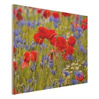 Bilderwelten Holzbild Blumen - Querformat 4:3 Sommerwiese mit Mohn und Kornblumen