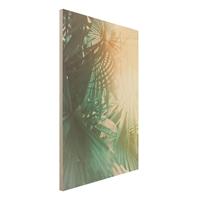 Bilderwelten Holzbild Natur & Landschaft - Hochformat 2:3 Tropische Pflanzen Palmen bei Sonnenuntergang