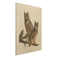 Bilderwelten Holzbild Tiere - Hochformat 3:4 Vintage Lehrtafel Zwei groÃŸe Uhus