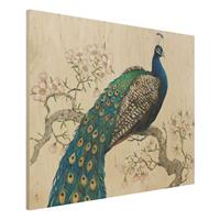 Bilderwelten Holzbild Tiere - Querformat 4:3 Vintage Pfau mit KirschblÃ¼ten