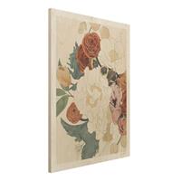 Bilderwelten Holzbild Blumen - Hochformat 3:4 Zeichnung Blumenbouquet in Rot und Sepia