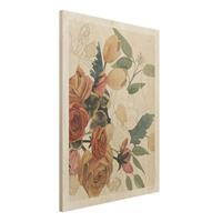 Bilderwelten Holzbild Blumen - Hochformat 3:4 Zeichnung Blumenbouquet in Rot und Sepia II