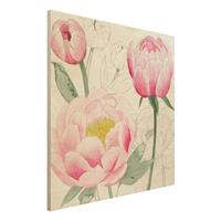 Bilderwelten Holzbild Blumen - Quadrat Zeichnung Rosa PÃonien II