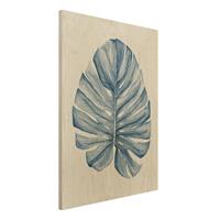 Bilderwelten Holzbild Blumen - Hochformat 3:4 Zeichnung Tropische Monstera in Indigo