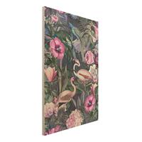 Bilderwelten Holzbild Bunte Collage - Pinke Flamingos im Dschungel