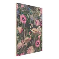 Bilderwelten Holzbild Bunte Collage - Pinke Flamingos im Dschungel