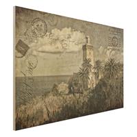 Bilderwelten Holzbild Leuchtturm und Palmen - Vintage Postkarte