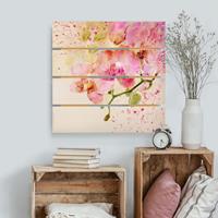 Bilderwelten Holzbild Plankenoptik Blumen - Quadrat Aquarell Blumen Orchideen