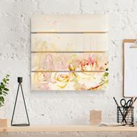 Bilderwelten Holzbild Plankenoptik Blumen - Quadrat Aquarell Blumen Rosen