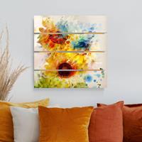 Bilderwelten Holzbild Plankenoptik Blumen - Quadrat Aquarell Blumen Sonnenblumen