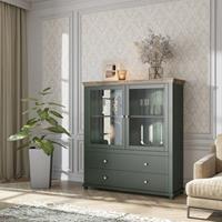 LOMADOX Highboard mit Glaseinsätzen und LED Beleuchtung EPSOM-83 Landhaus grün mit Lefkas Eiche Nb., B/H/T: ca. 126/138/42 cm