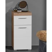 LOMADOX Badschrank ALTENA-19 in Weiß Hochglanz mit Absetzung in Asteiche Nb., B/H/T: ca. 37/79/31 cm braun